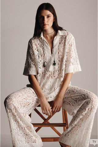 White lace top with collar and matching pants