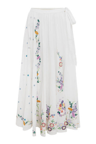 willa embroidered skirt, long white linen skirt, flowy white midi skirt, white picnic skirt, highwaisted white flowy skirt, flower printed flowy white skirt, alemais