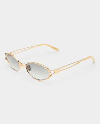 Gold oval frame sunglasses featuring slim split temples and gradient grey lenses.