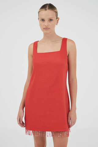 FLAME LINEN MINI DRESS, GRENADINE