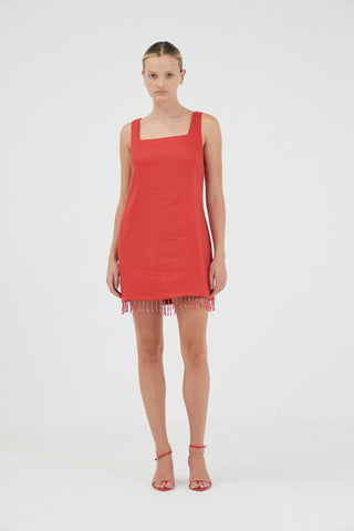FLAME LINEN MINI DRESS, GRENADINE